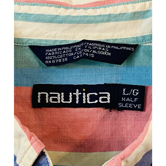 Vintage 1990's Nautica Pastel Striped Short Sleeve Button Shirt Mens Large - Picture 4 of 12